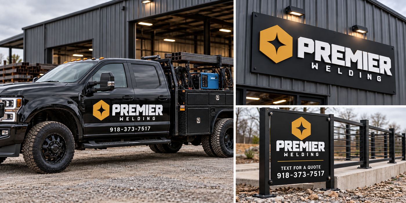 Premier Welding logo on a black work truck, the shop sign and a roadside sign